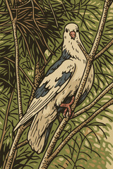 Pigeon Perched on Branch in Graphic Style Forest Illustration
