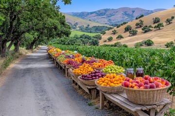 A farmer stand on the side of a rural road, selling fresh peaches, tomatoes, and homemade jams