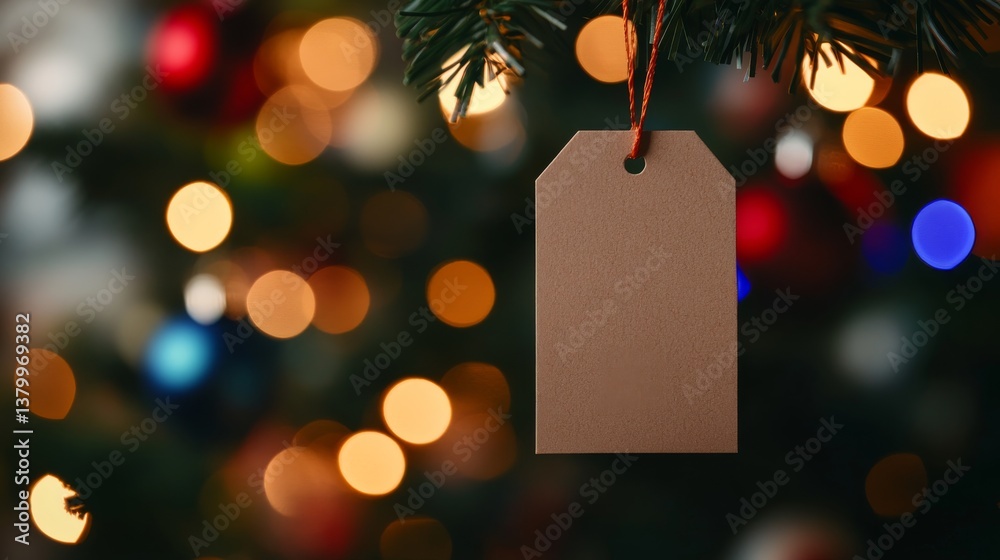Poster An empty paper tag in elegant script is hung from a festive Christmas tree branch surrounded by vibrant ornaments and sparkling lights, evoking a cozy holiday feel