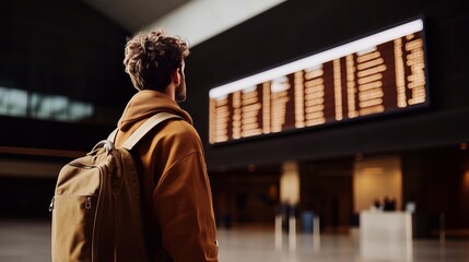 Naklejka premium A traveler in a hoodie with a backpack looks at a flight information board in a modern airport, capturing the essence of adventure and anticipation.