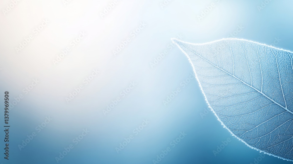 Aufkleber A delicate frozen leaf reveals fine frost patterns while resting on a soft gradient of cool blue tones, creating a serene and tranquil atmosphere
