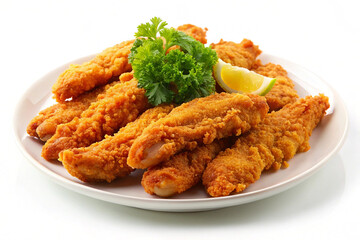 Fried chicken fingers with lemon and mint on a plate on white background