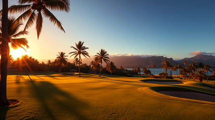 Golden Hour on Paradise Golf Course: Palm Trees Silhouetted Against a Sunset Sky, Tranquil Greens Beckon a Serene Escape