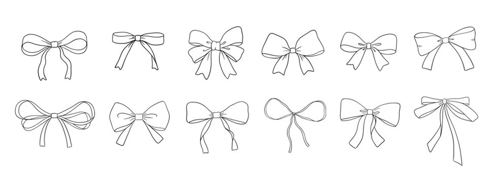 Coquette bow outline drawings set, vector illustration isolated on white, cute doodle ribbon