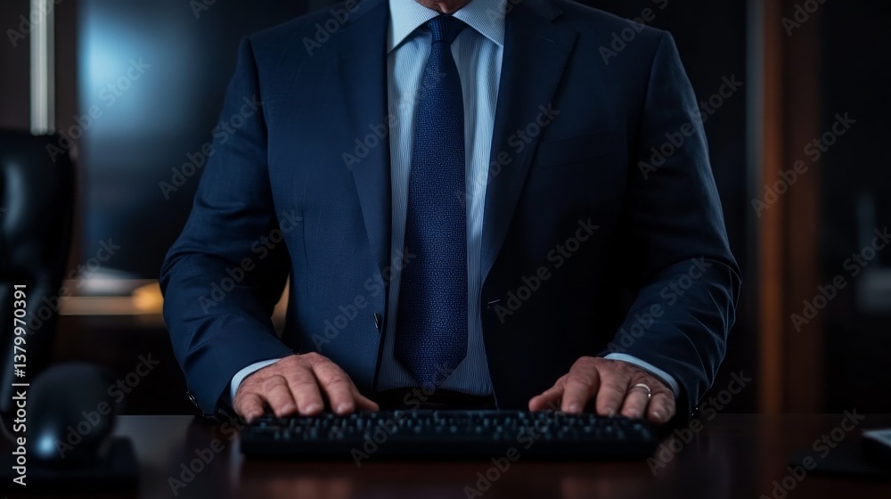 Aufkleber A plus-size businessman types on a sleek keyboard, demonstrating professionalism and focus in a well-designed workspace. Soft background highlights the activity