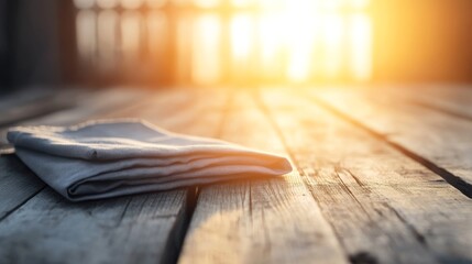 A folded American flag lays on a weathered wooden table, bathed in soft sunlight that creates a warm, nostalgic atmosphere with room for text