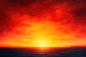 Obraz premium Fiery sunset over a calm ocean, painting the sky in intense oranges and reds, with a few birds silhouetted against the brilliant light.
