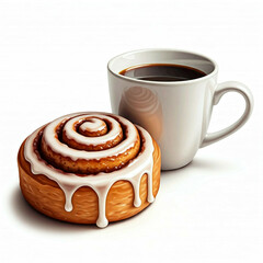 delicious cinnamon roll and coffee on white background