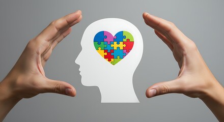 Prompt:

"A conceptual image representing emotional intelligence and mental well-being. A pair of hands gently holds a white silhouette of a human head. Inside the head, a heart-shaped puzzle with mul