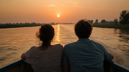 Fototapeta premium A couple enjoying a sunset cruise on a tranquil waterway at dusk