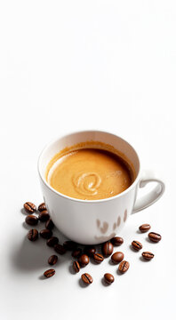 A cup of fresh espresso with coffee beans on a white background
