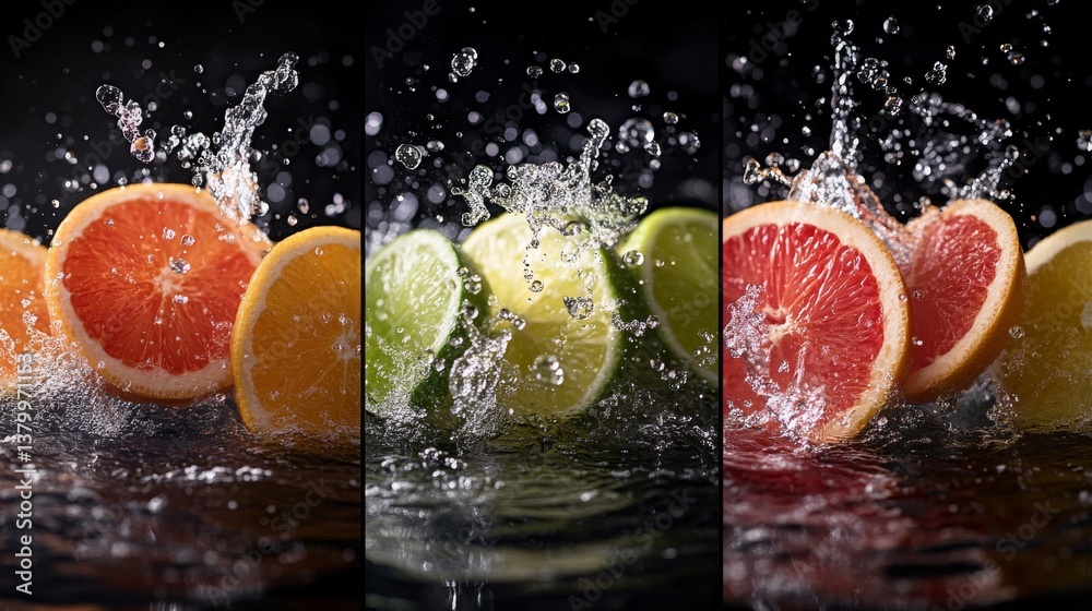 Poster fresh slices of oranges, lemons, and limes burst into clear water, creating a lively splash that sho