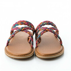 colorful braided leather sandals on white background