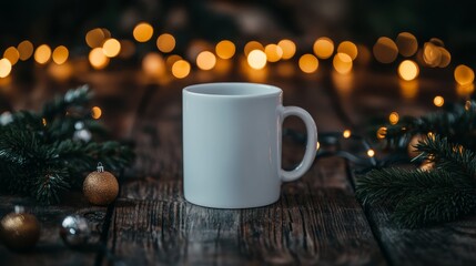 Obraz premium A plain white tea mug rests on a rustic wooden table, surrounded by pine branches and ornaments, with twinkling holiday lights adding a cozy touch