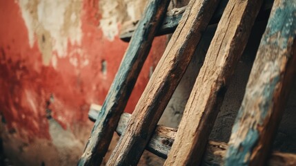A close-up of wooden planks leaning against a marked wall.