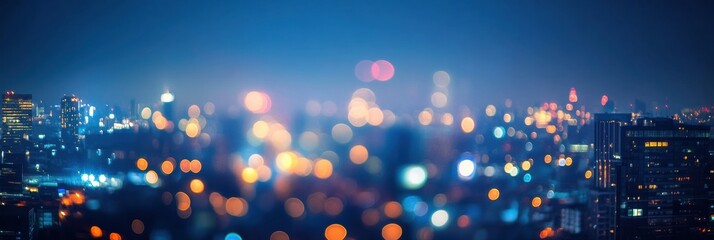 City lights blur into a dreamy bokeh landscape at night, creating a magical urban atmosphere full of vibrant energy