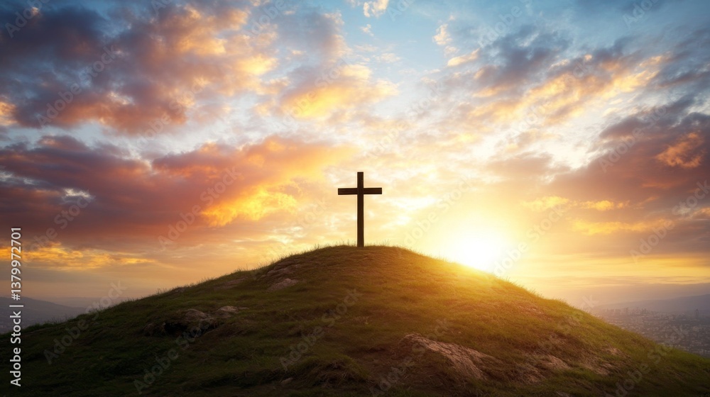 Poster a wooden cross stands prominently on a grassy hill as sunlight filters through clouds, creating a tr