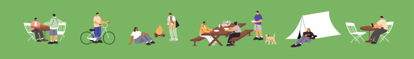 Set of summer activities outdoors. Happy tiny people eating at the picnic table together, hiking, play guitar near tent at camp, cycling, have a rest in nature. Flat isolated vector illustrations