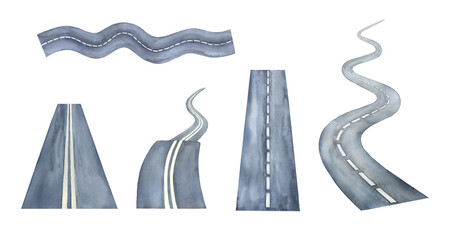 Watercolor street road, hand drawn clipart, highway illustrations set isolated on white background