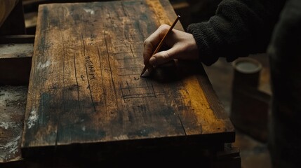 A person sketching measurements on a wooden plank with a pencil.