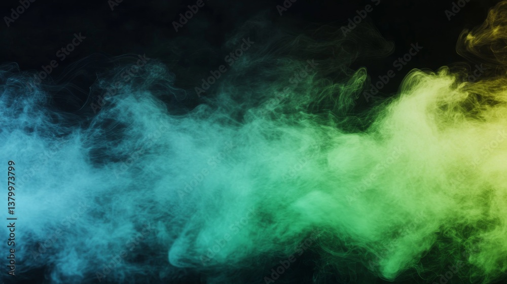 Poster a swirling cloud of green and blue smoke against a pitch-black background forms a mysterious texture