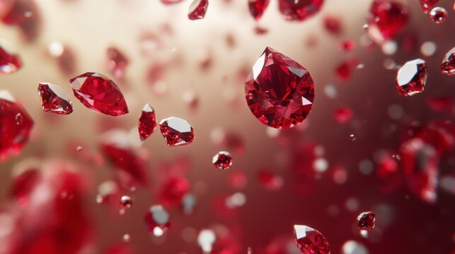 Floating Red Ruby Gemstones Sparkling in Air with Soft Light