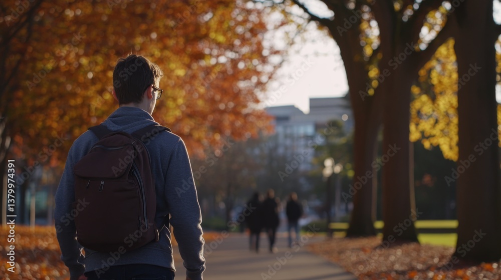 Aufkleber a young student with glasses carries a backpack while strolling along a park path covered with color
