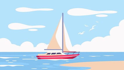 Sailboat drifting on calm waters against a clear blue sky  