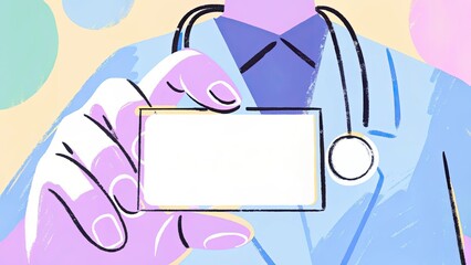Doctor holding medical ID card against abstract colorful background  