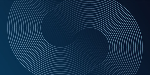 Abstract blue glowing geometric lines on dark blue background. Modern shiny blue circle lines pattern. Futuristic technology concept. Suit for cover, poster, banner, header, website.