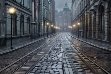 Fototapeta premium A gothic-inspired Helsinki street in the rain, with dim lanterns illuminating wet cobblestone roads