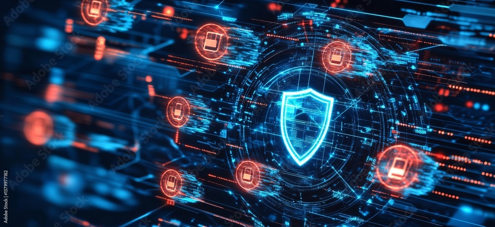 Aufkleber a blue and red image of a shield with a red circle in the middle. e background with a digital securi