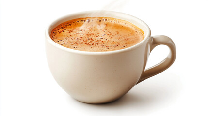 Obraz premium A steaming cup of caramel-flavored coffee, styled to showcase its smooth frothy top, isolated on a white background