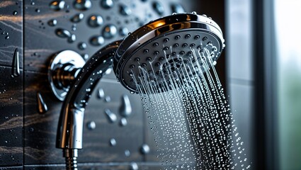 A wet shower head in a bathroom sprays flowing water drops, offering a fresh and clean wash
