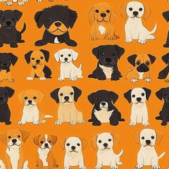 Textile Seamless Pattern Adorable cartoon dogs on orange seamless pattern background