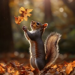 Fototapeta premium An adorable grey squirrel stands on its hind legs reaching for falling autumn leaves in a sunlit forest scene du the golden hour creating a magical moment.