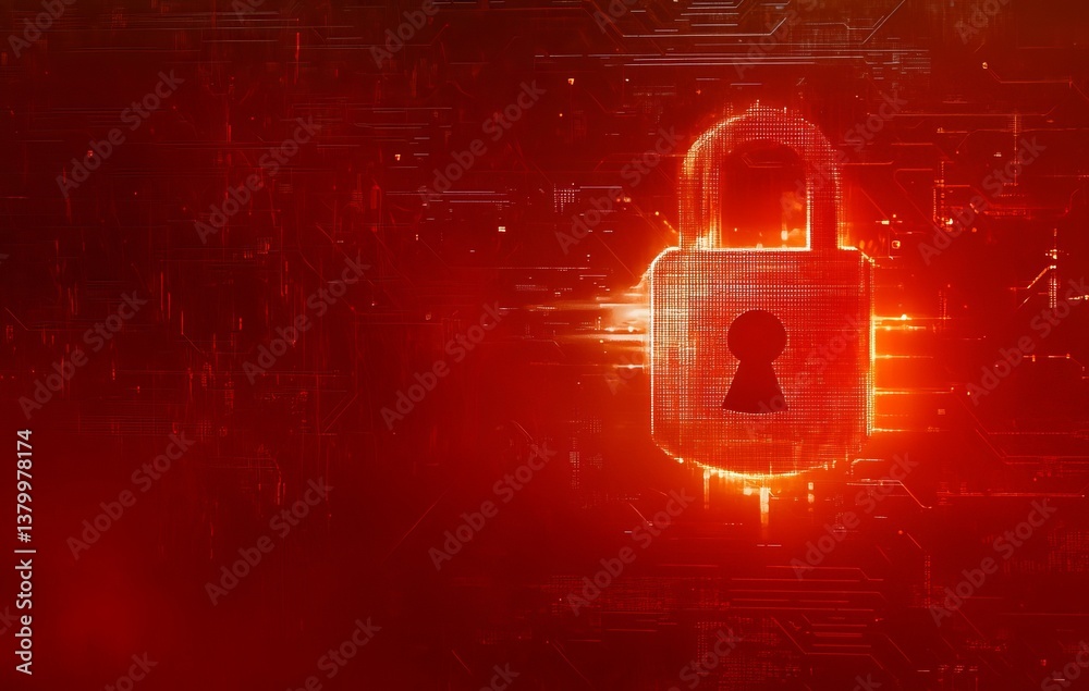 Poster a red background with a glowing lock on it. e background with a digital security concept.