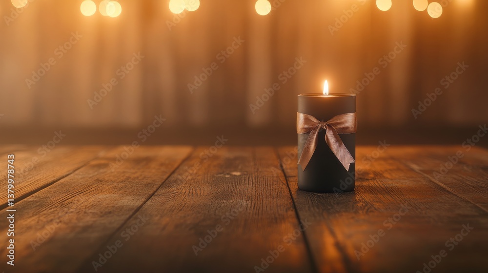 Aufkleber a tall black candle tied with a satin ribbon stands on a rustic wooden table under soft warm lightin