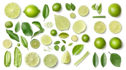 Fresh Limes and Leaves Flat Lay on White Background for Healthy Eating