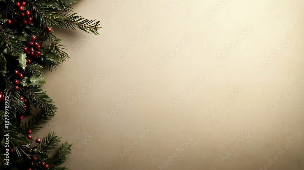 Aufkleber fir tree branches adorned with tiny ornaments and red berries create a festive border against a soft