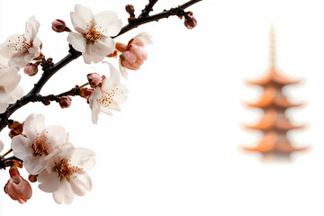 Blossoming cherry flowers in foreground with blurred pagoda in background create serene and tranquil atmosphere