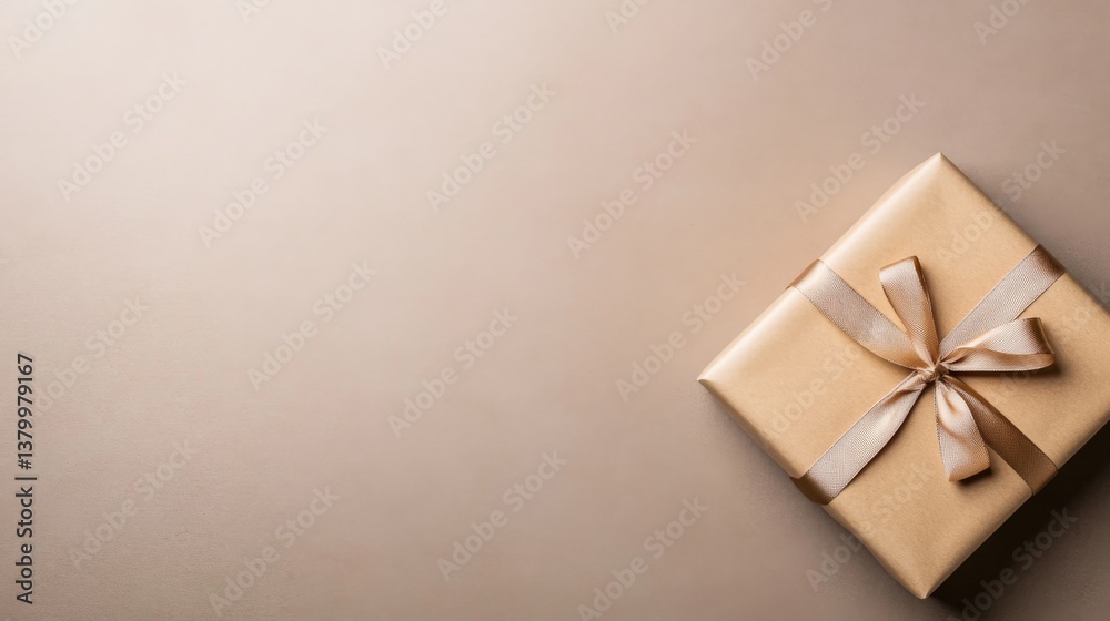 Poster A neatly wrapped gift box adorned with a satin ribbon rests on a neutral background, creating a festive and elegant atmosphere with ample copy space