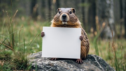 A cute brown bear cub, a young mammal, holds a blank white sign on the green grass in a nature portrait