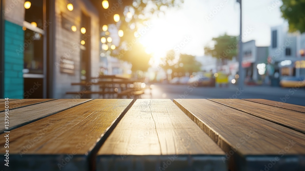 Aufkleber an empty wooden table in sharp focus contrasts with a blurred coffee shop, illuminated by warm light