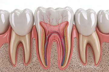 A dental illustration demonstrating the process of root canal therapy being performed.