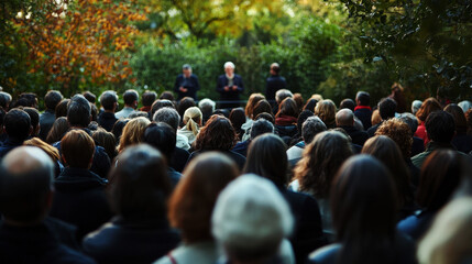 Obraz premium Christ event of Several people seated in chairs outdoors, attentively listening to a Christian speaker .