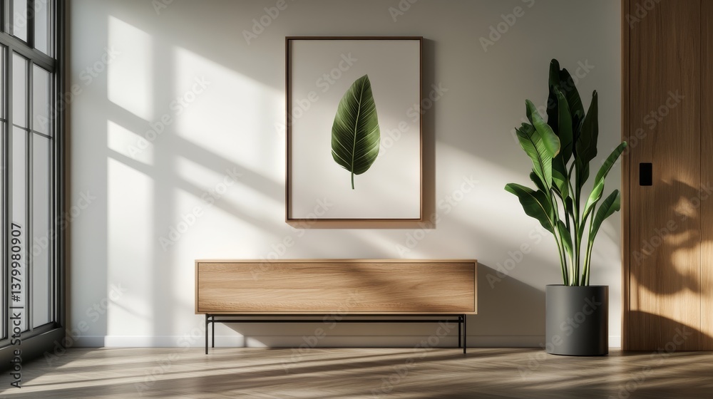 Poster A single fern in muted green tones is displayed in a simple light oak frame against a white wall, highlighting minimalist design and serene ambiance in the room