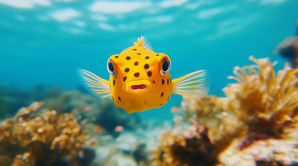 A close-up frontal view of a yellow boxfish swimming in the ocean. 