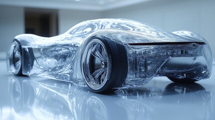 An imaginative and futuristic car made entirely of transparent material