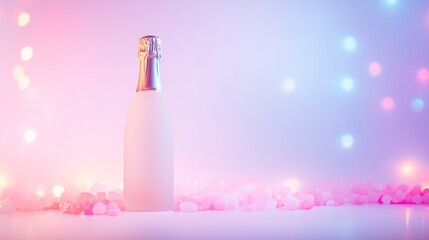 A bottle of champagne stands upright on a pastel background, enhanced by soft lighting that accentuates its curves and reflective surface, creating a serene atmosphere